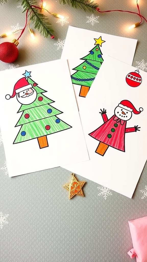 A variety of Christmas drawing printables including a tree, Santa, snowman, and ornaments on a festive background.